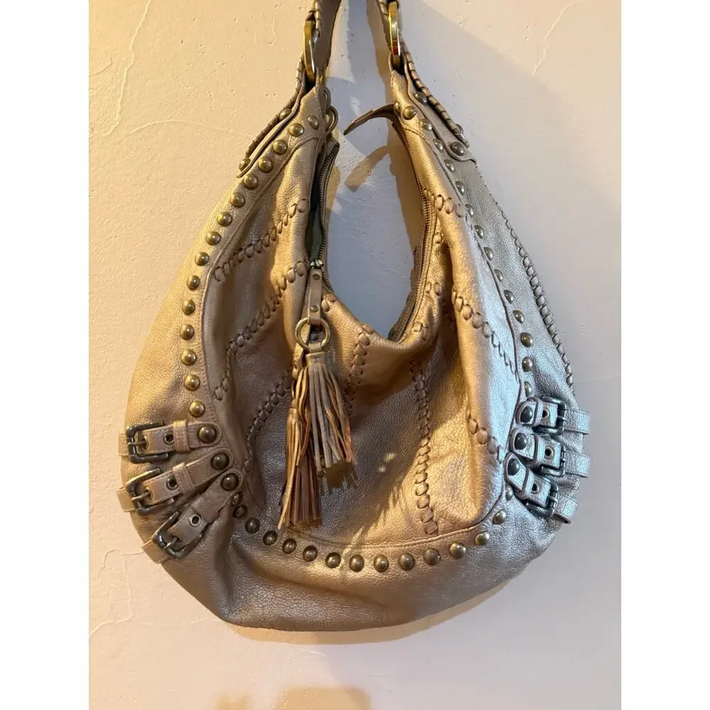 Vintage Isabella Fiore XL Bronze-Gold Studs and Buckles Leather Hobo Bag